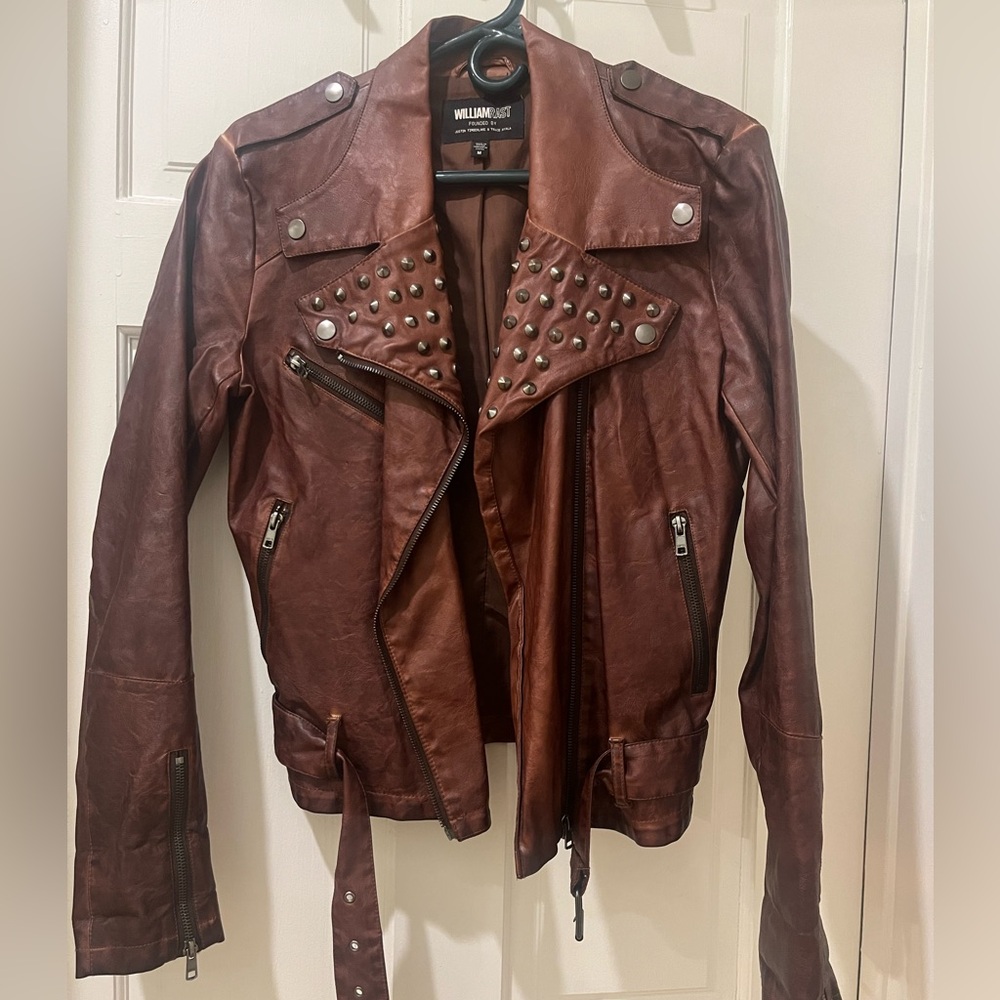 William Rast Brown Studded Vegan Leather Moto Jacket with Zipper Pockets